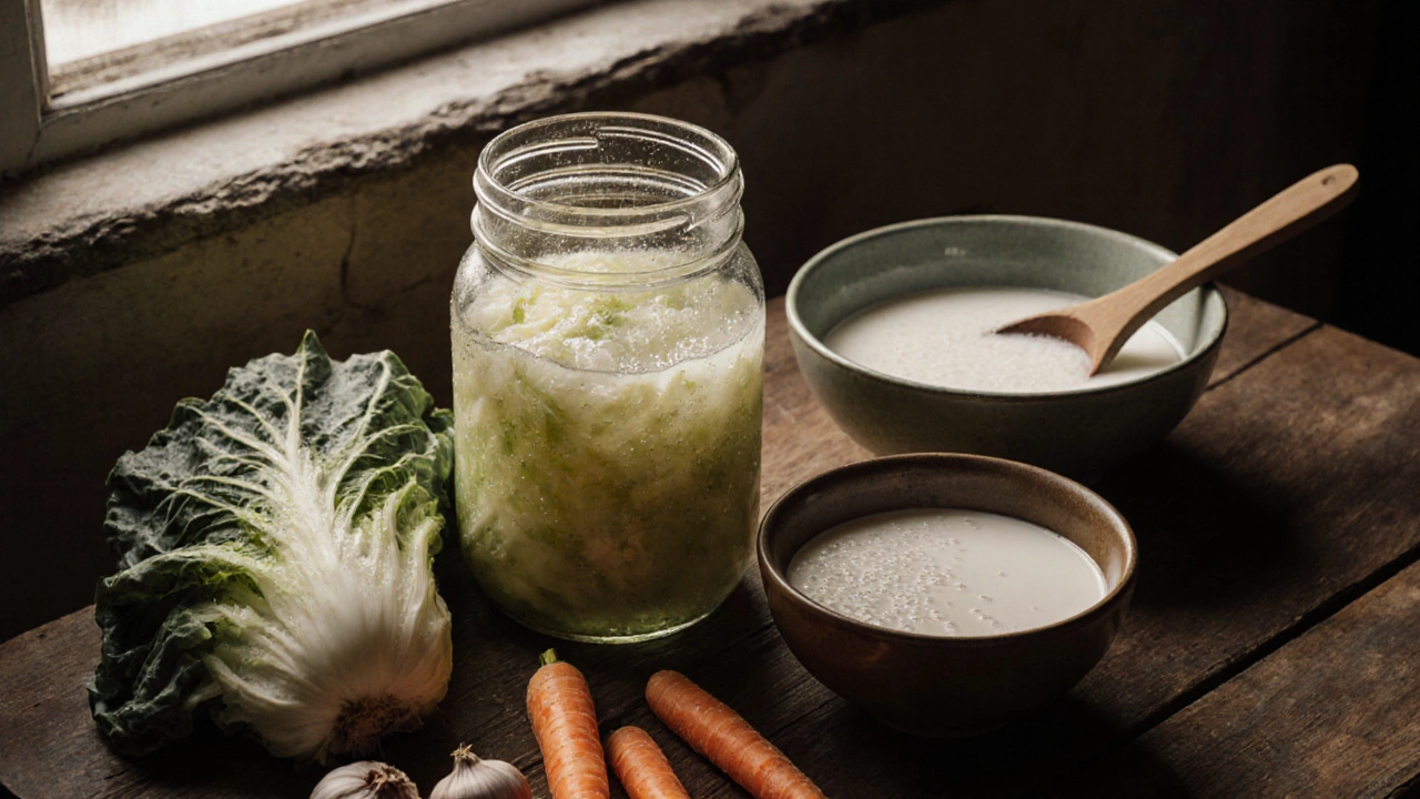 Domácí kvasená kapusta a kefír na dřevěné kuchyňské tabuli s přírodními ingrediencemi.