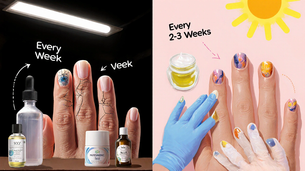 Dvě cesty péče o nehty: časté chemikálie vs. mírná hydratace.