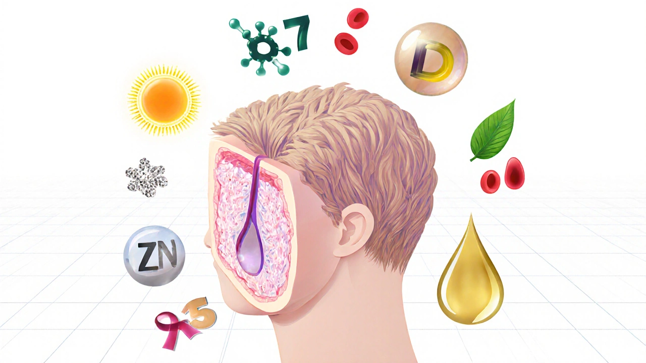 Ilustrace vlasového folikulu obklopeného ikonami biotinu, vitamínu D, zinku a dalších živin.