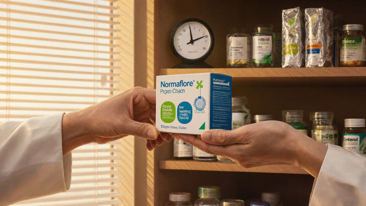 Lékárna s chlazenými probiotiky v kapslích, lékárník je předává zákazníkovi.