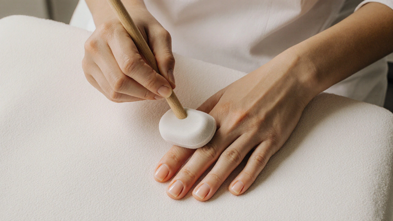 Manikýrka jemně piluje nehty bez odřezávání kůže.