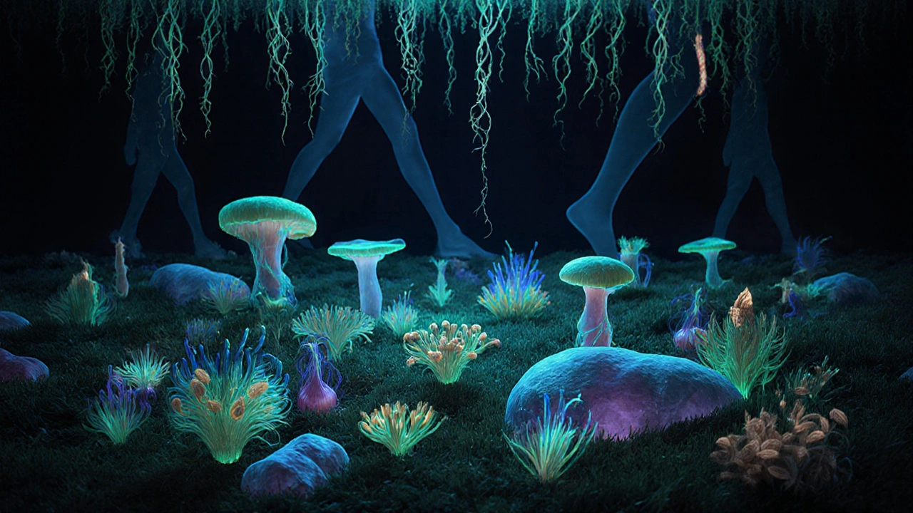 Podobenství střevního mikrobiomu jako lesa živých bakterií živených prebiotiky.