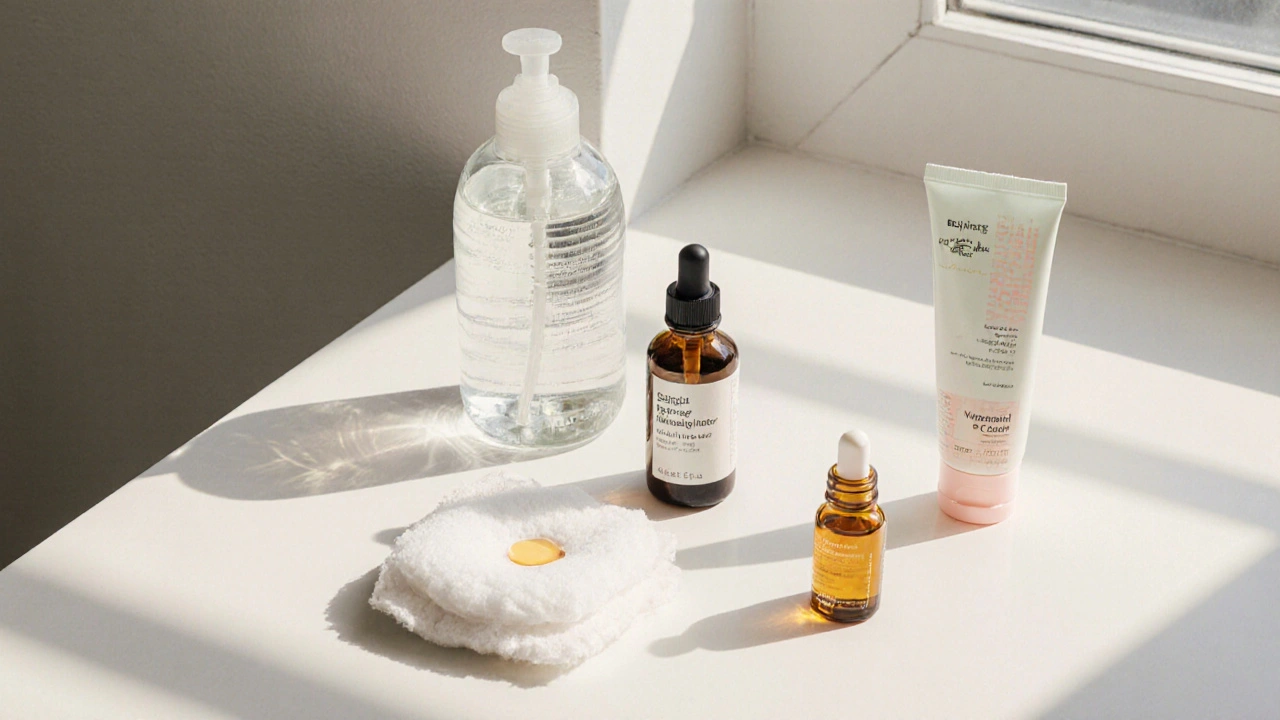 Přehled ranní rutiny: čisticí gel, tonikum, vitamin C sérum a SPF krém.