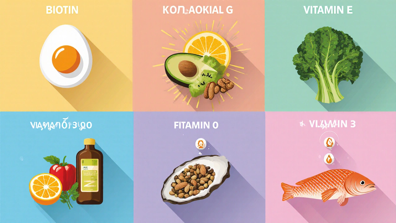 Přehled vitamínů pro vlasy: biotin, folát, D, E, C, zinek a omega‑3 v aranžmá potravin.