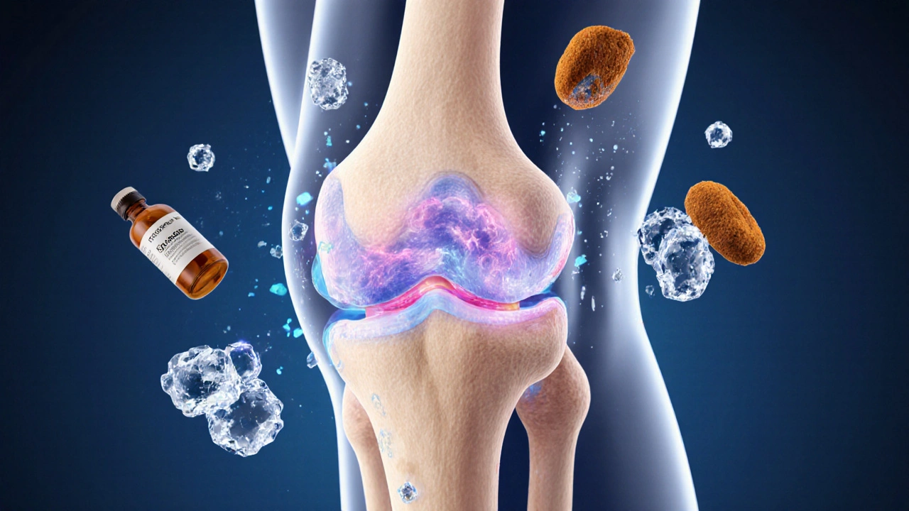 Průřez kloubu s regenerující chrupavkou, kolagenem, omega-3 a vitamínem C v biologickém stylu.