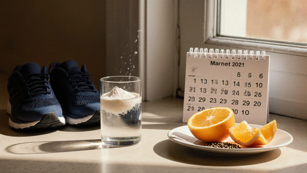 Ranní rutina s kolagenem, pomeranči, lněnými semínky a obuví pro chůzi, přirozené osvětlení.