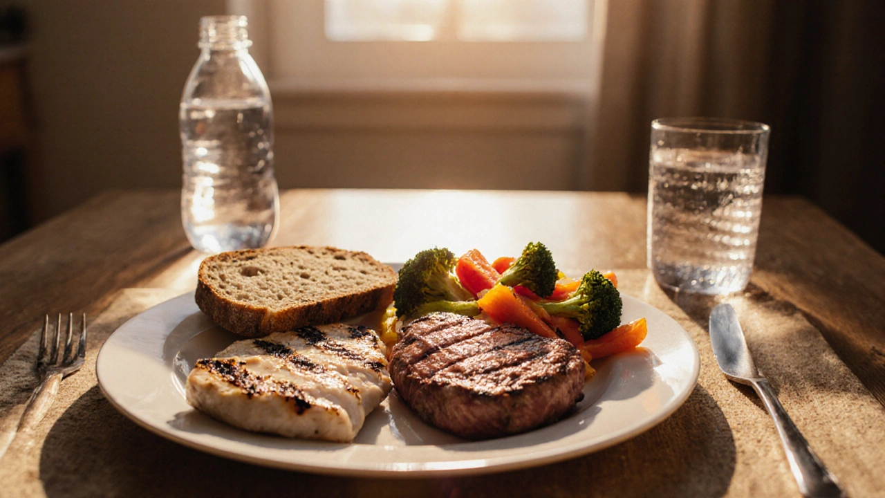 Rodinná večeře s vyváženým talířem – kousky grilovaného kuřete, malý steak, pestré zeleniny a celozrnný chléb.