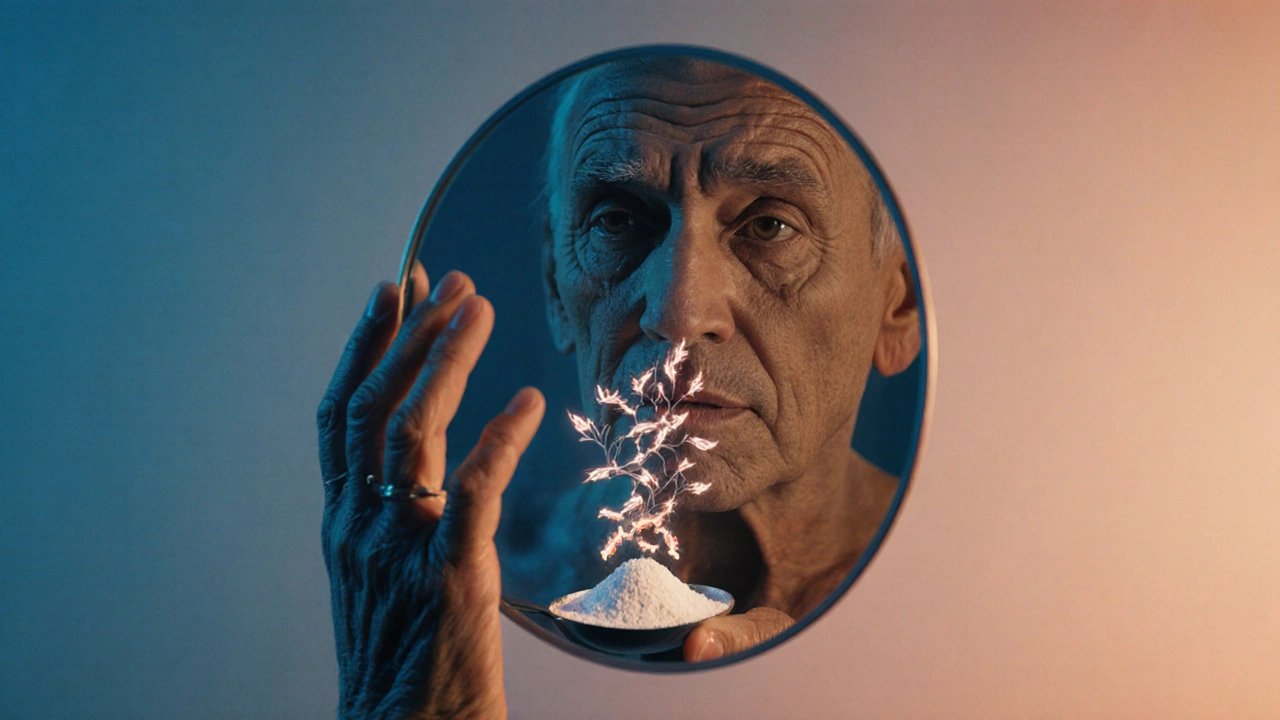 Stará ruka se dotýká zrcadla, kde se odráží mladší verze, kolagenové molekuly stoupají z lžíce.