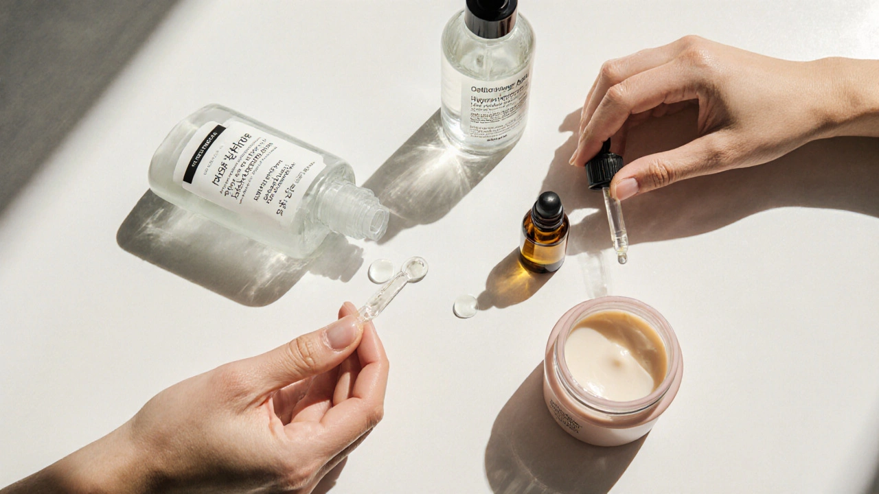 Stohová snímka koupelny s čistícími produkty a rukama aplikujícími je.