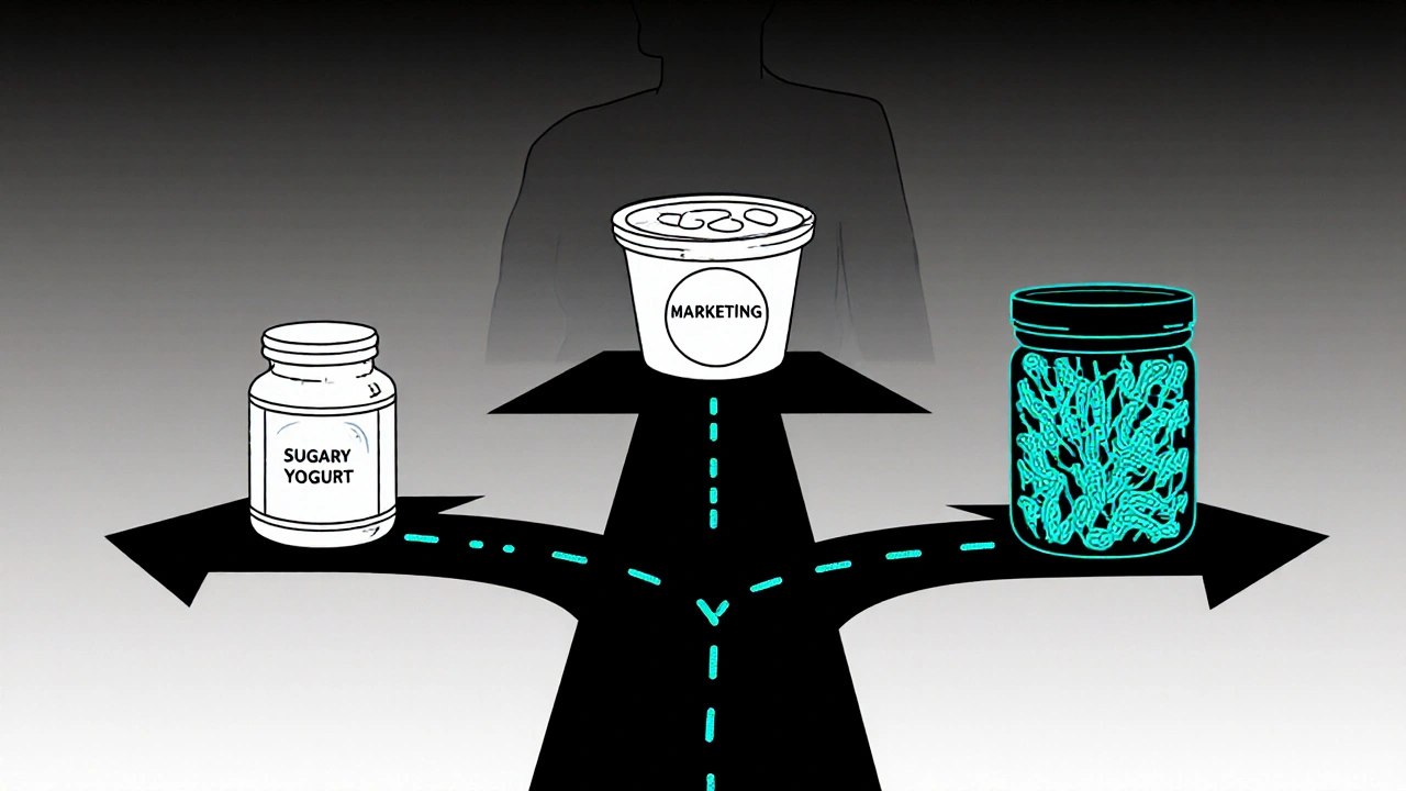 Tři cesty k probiotikům: lékárna, supermarket a kvasené potraviny s mikroby.