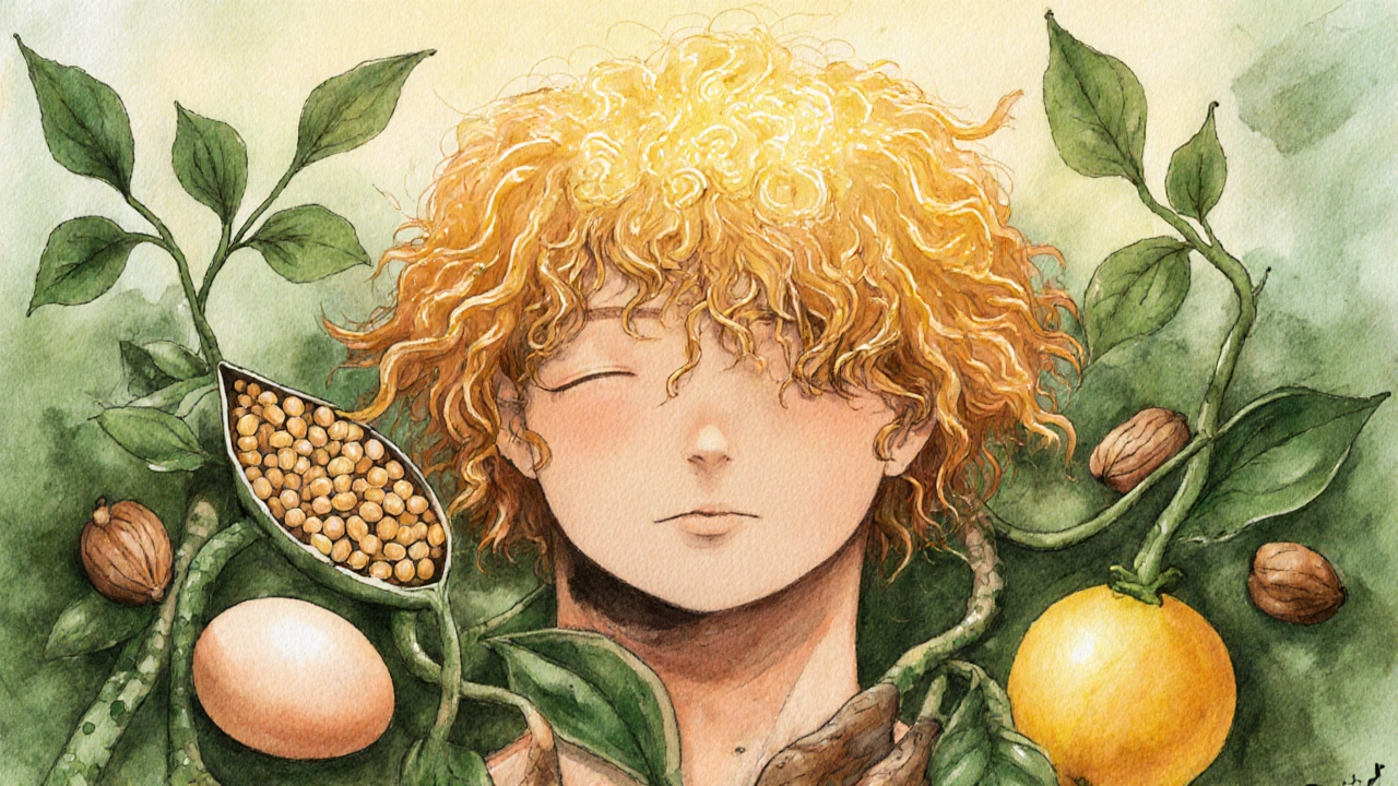 Abstraktní znázornění vlasových folikulů živinami z potravin: čočky, vajec, ořechů a citrusů.