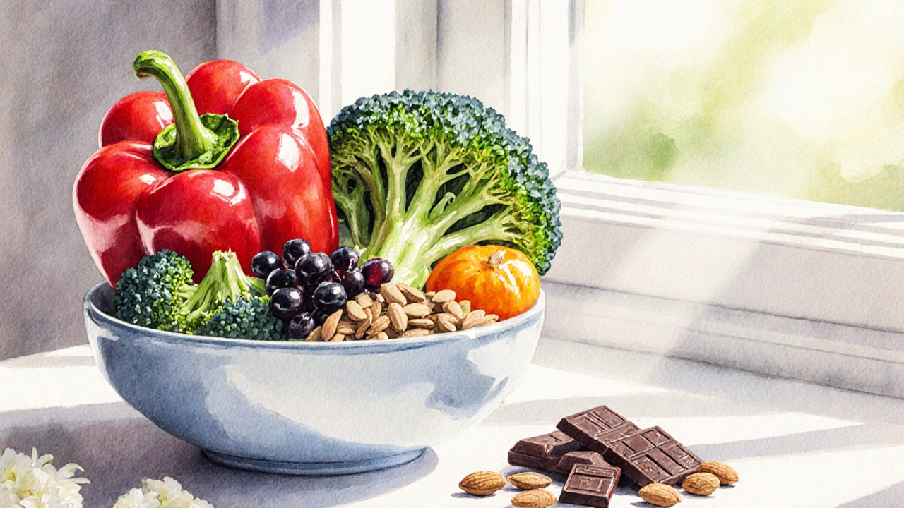 Barvivá mísa s červenou paprikou, brokolicí a oříšky – přirozené zdroje pro tvorbu kolagenu.