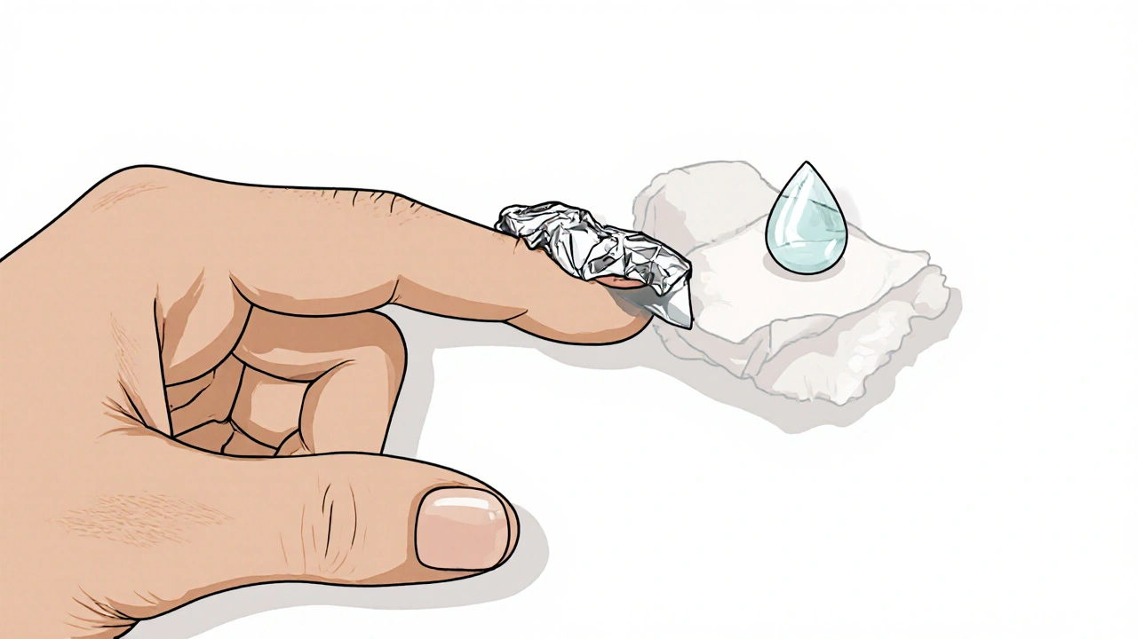 Detail konce prstu s mírně odstávajícím nalepovacím nehtem a acetonem na vátě.