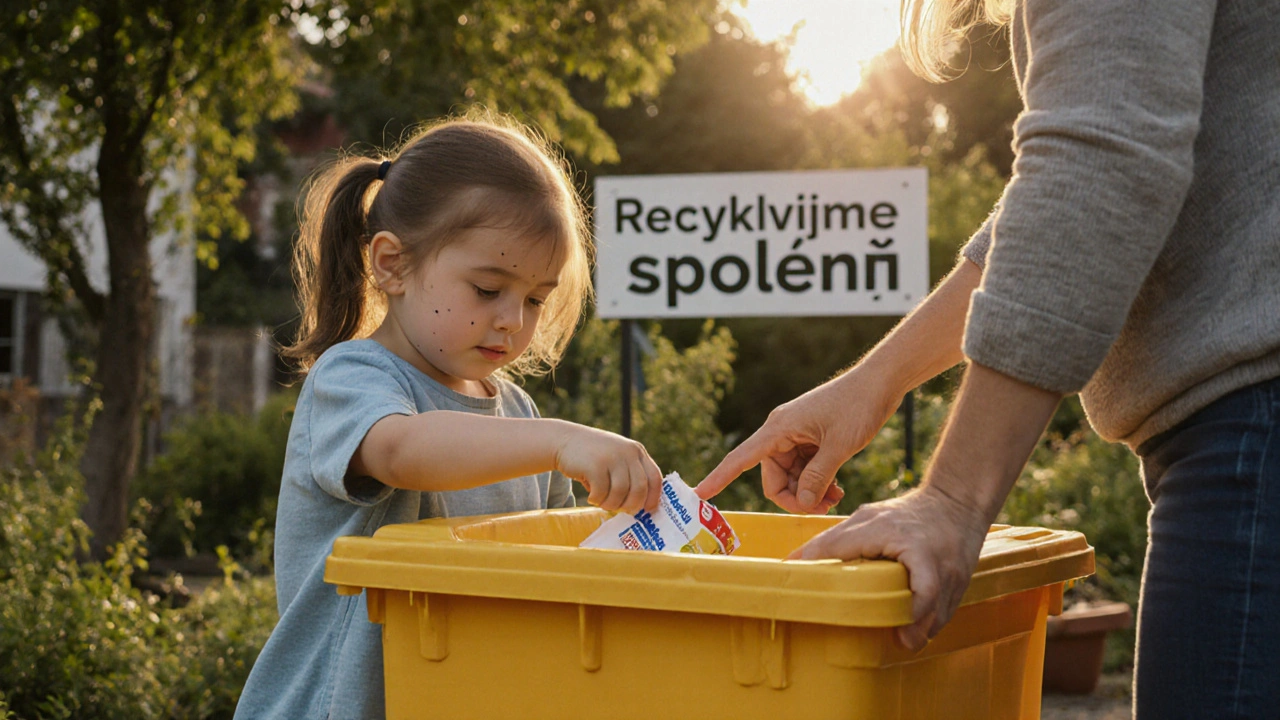Dítě a dospělý společně třídí nápojový karton v obyčejné české komunitě.