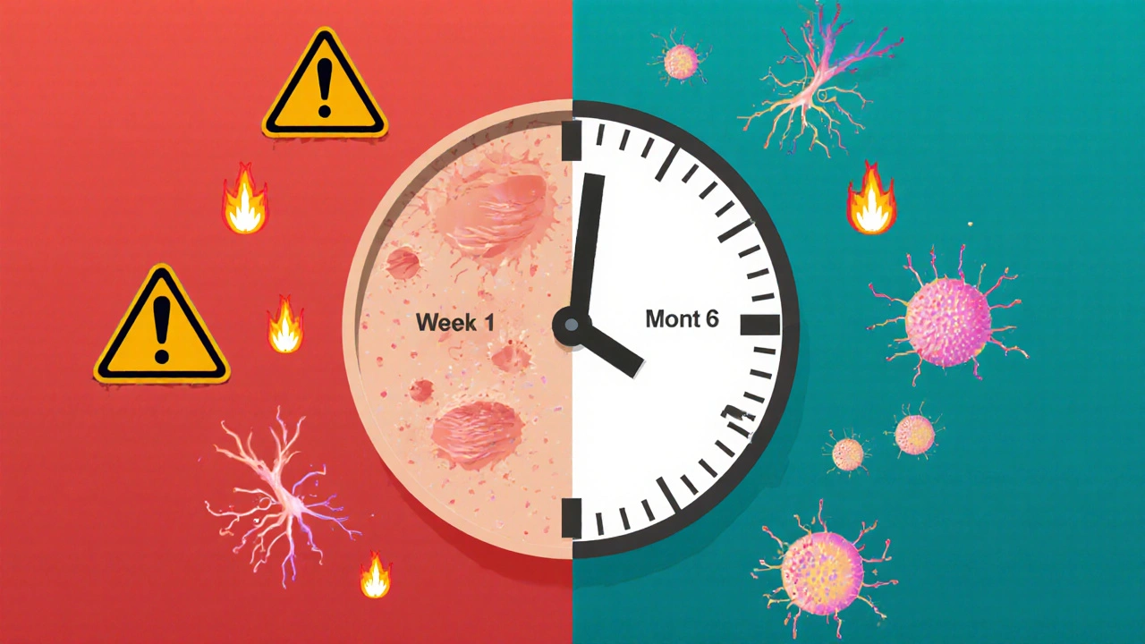 Dvě strany kůže: podrážděná vlevo, zdravá a zářící vpravo.