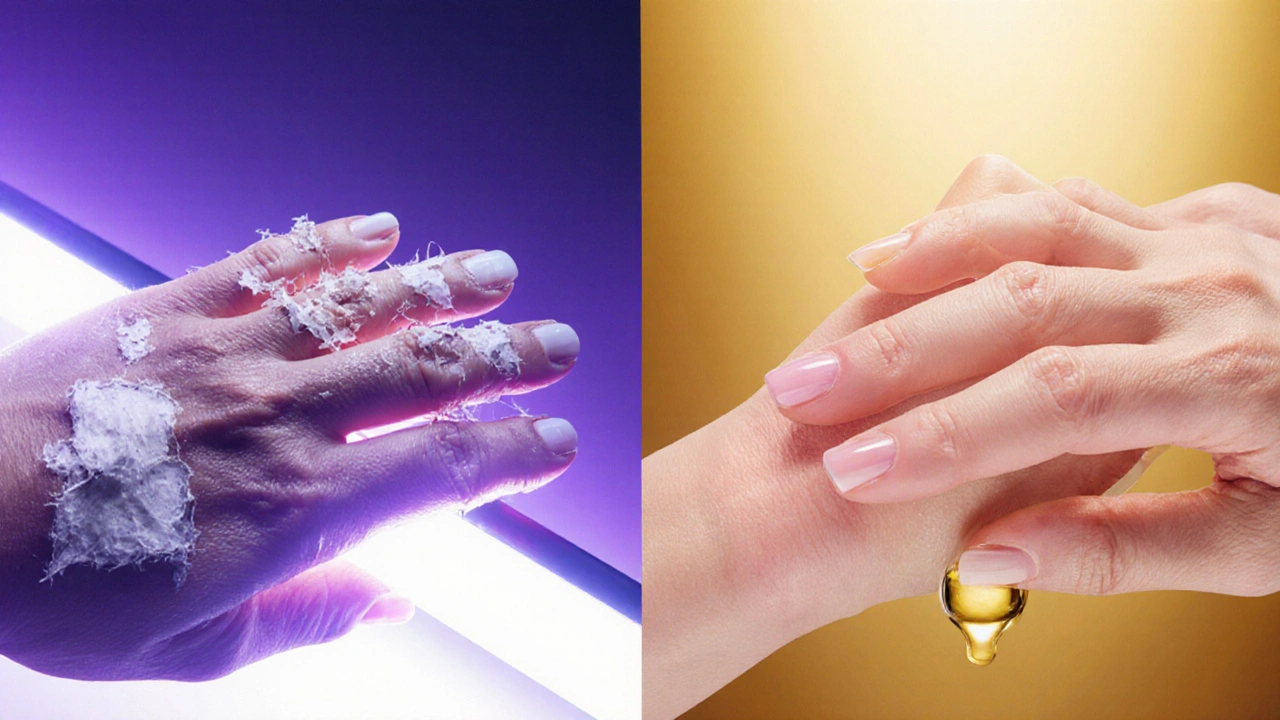 Dvě verze nehtů: poškozené a obnovené po šesti týdnech péče