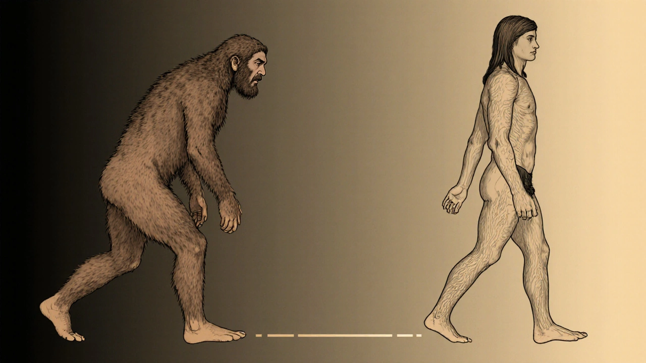 Evoluční přechod od husté srsti k modernímu zbytku tělesných chlupů.