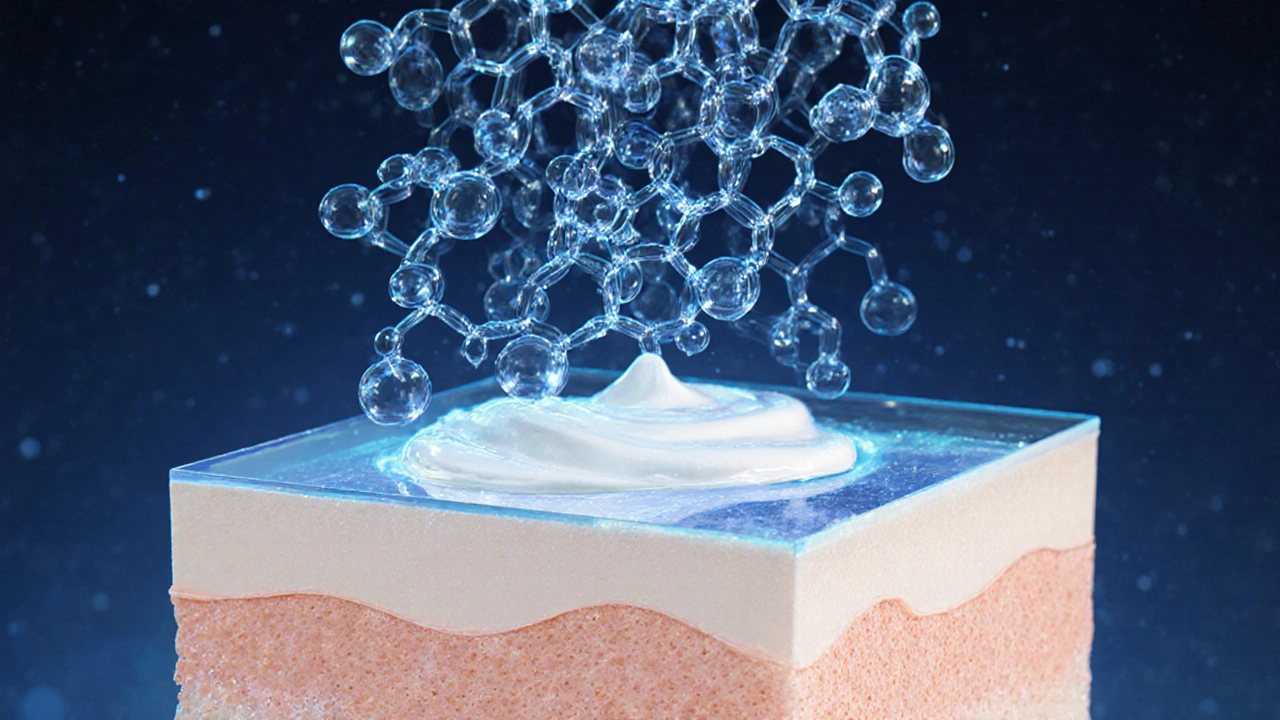 Hyaluronové molekuly přitahují vlhkost k pokožce, kterou uzavírá ochranná vrstva krému.