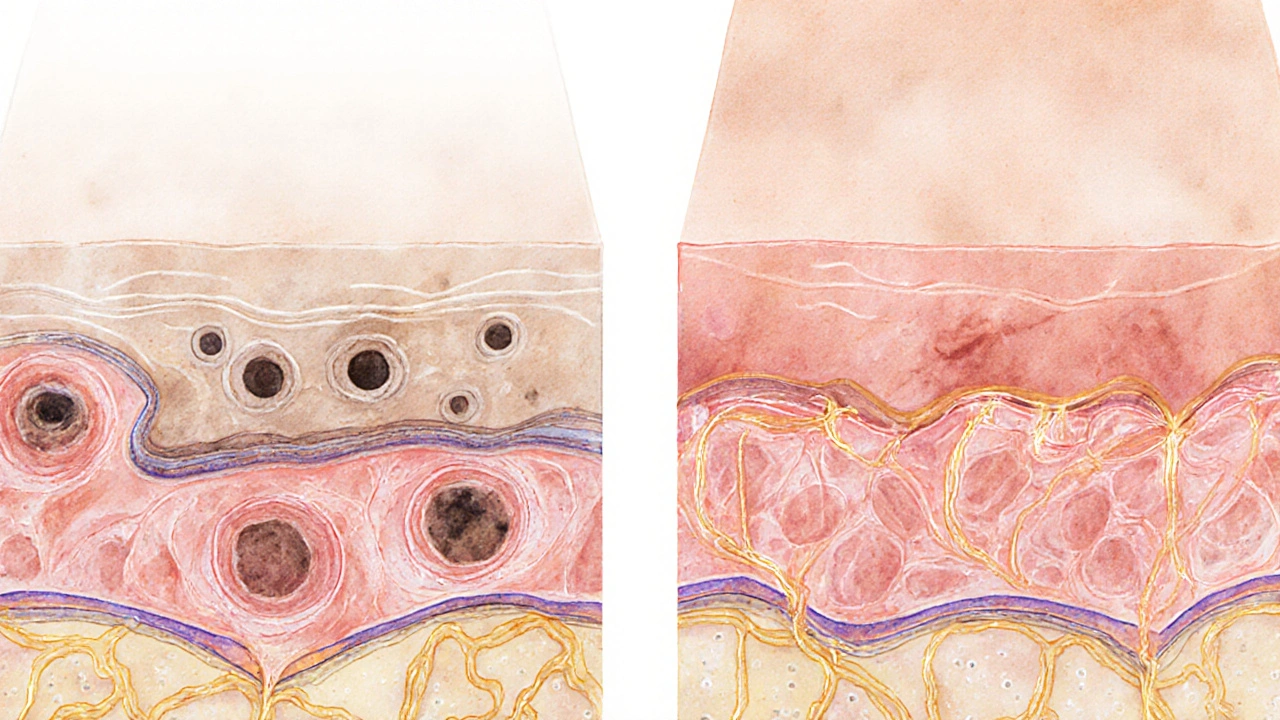 Ilustrace kůže před a po použití retinolu: staré buňky vs. obnovovaná kůže s kolagenem.