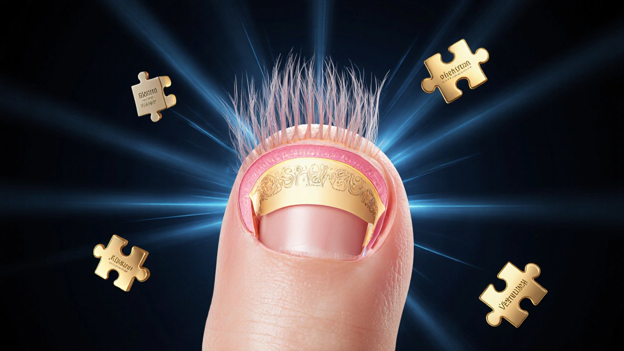 Ilustrace vlasového folikulu a nehtu s chybějícími vitamínovými kousky jako světelnými prvky