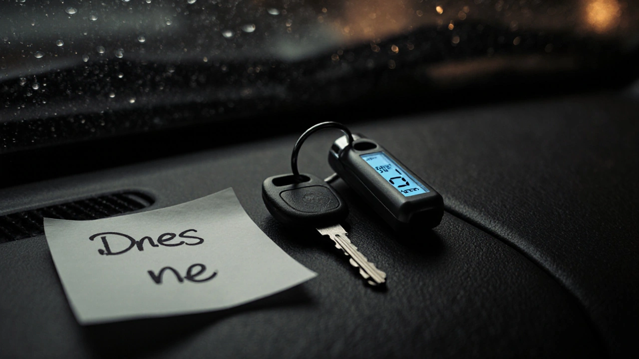 Klíče od auta a alkoholový testovač na volantu s nápisem &#039;Dnes ne&#039;.