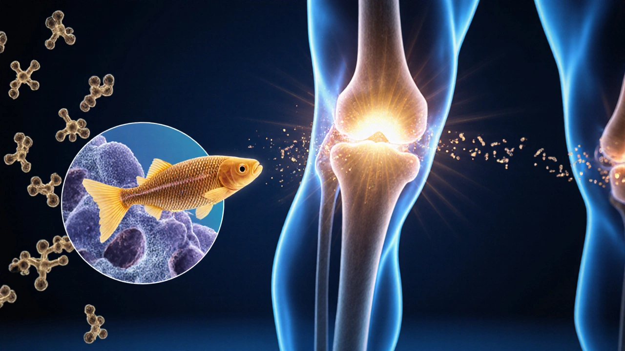 Mikroskopický pohled na peptidy rybího kolagenu cestující k kloubu.