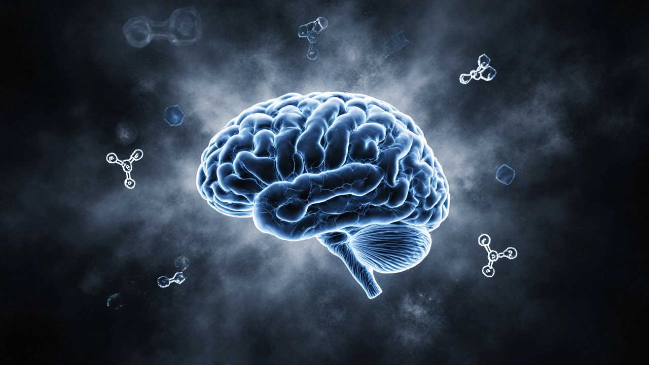 Mozek s vybledlými chemickými cestami a alkoholovými molekulami.