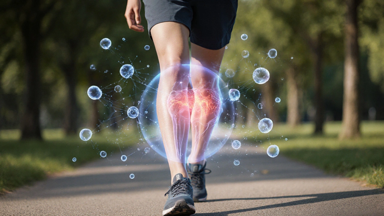 Osoba chodí bez bolesti, kolem kolena se vznášejí molekuly kolagenu a hyaluronové kyseliny.