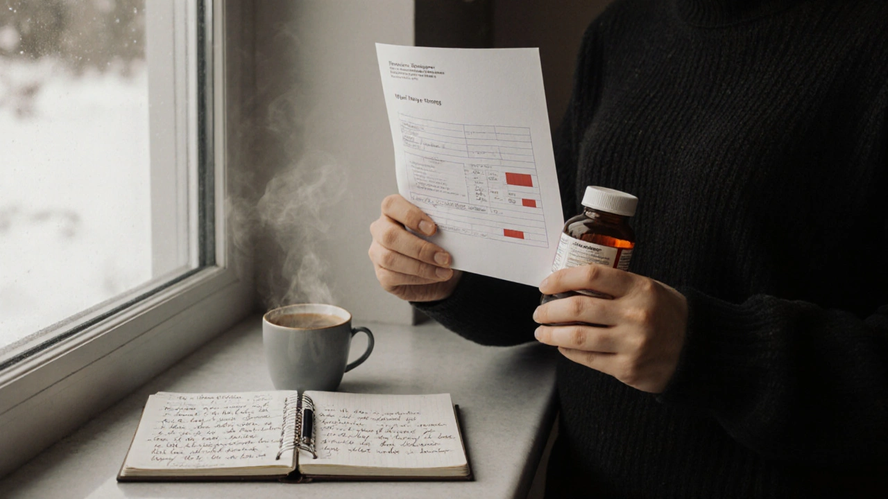 Osoba drží výsledky krve a doplněk vitamínů u okna se sněhem a zápisníkem s jídelníčkem