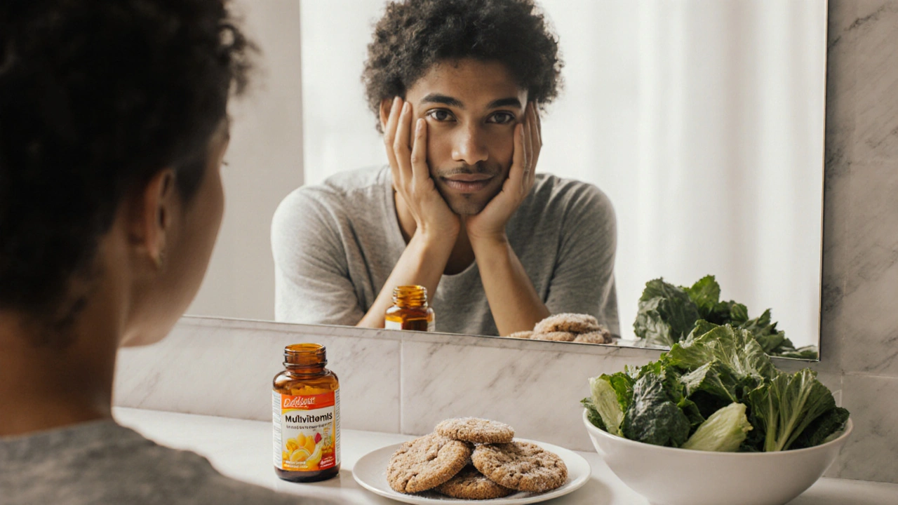 Osoba hledí do zrcadla, vedle ní multivitamín a sladké sušenky.