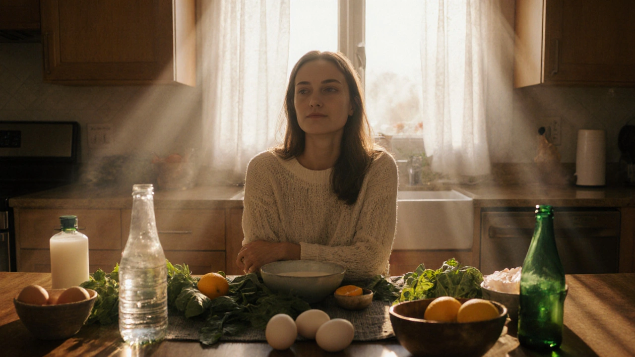 Osoba v kuchyni v ranním světle s vodou, vejci, zeleninou a kefírem, symbolizující obnovu po alkoholu.