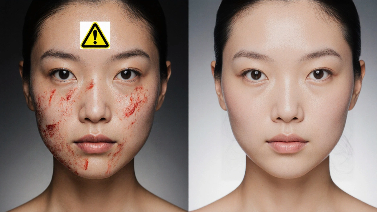 Porovnání pleti před a po 12 týdnech používání retinolu a SPF.