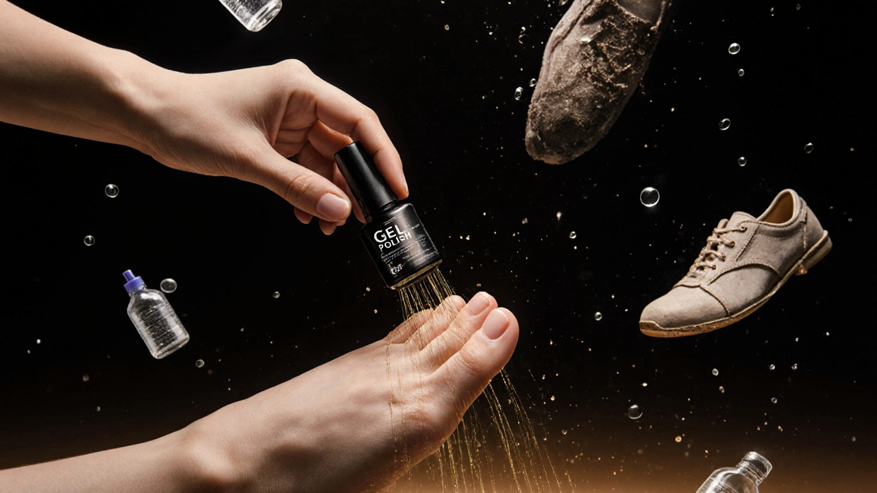 Přímo nad nohou visí lahev s lakem, z ní se táhnou zlaté nitky laku, kolem plavou kapky vody a boty jako symboly poškozování.