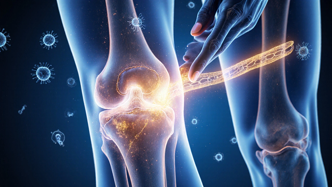 Průřez kloubu s obnovujícími se kolagenovými vlákny a imunitními buňkami.