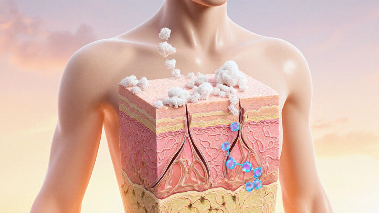 Průřez kůže ukazující exfoliaci a působení hydratačních látek.