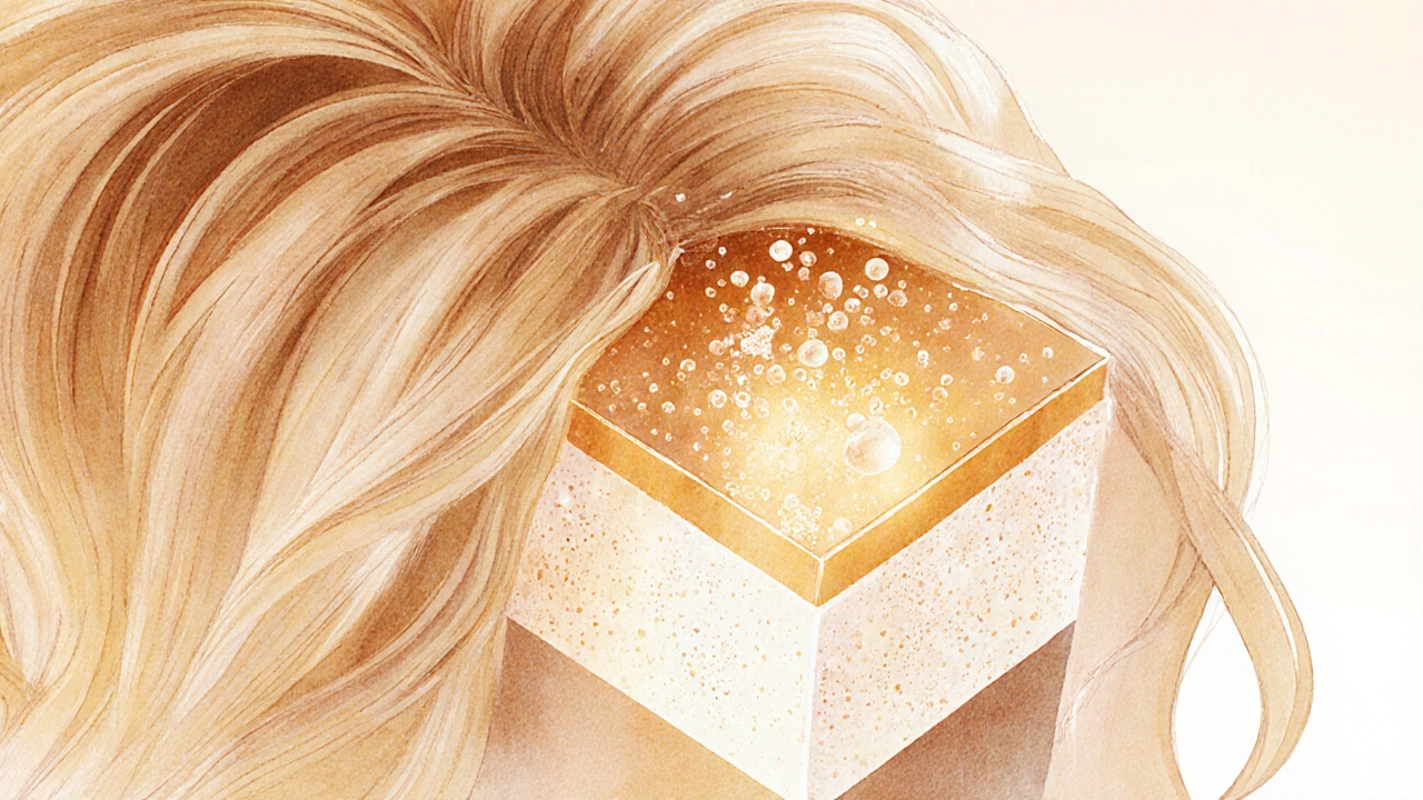 Průřez vlasu s aktivními látkami pronikajícími do vnitřní vrstvy.