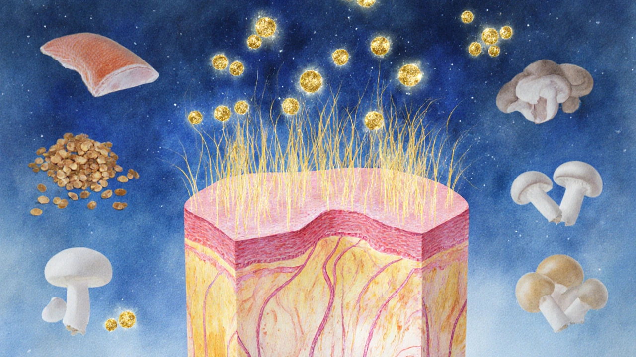 Řez hlavy s vlasovými folikuly napájenými živinami jako biotinem a železem.