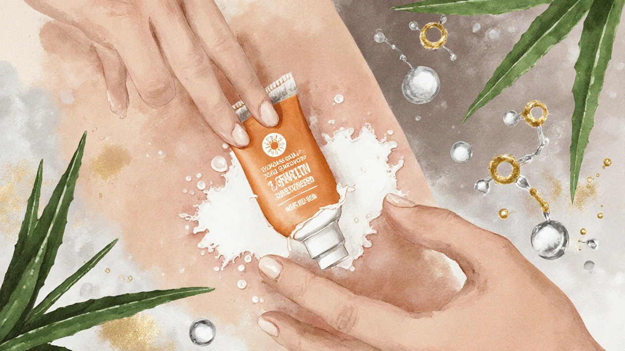 Ruka aplikuje minerální sluneční filtr na citlivou pokožku s přirozenými prvky hojení.