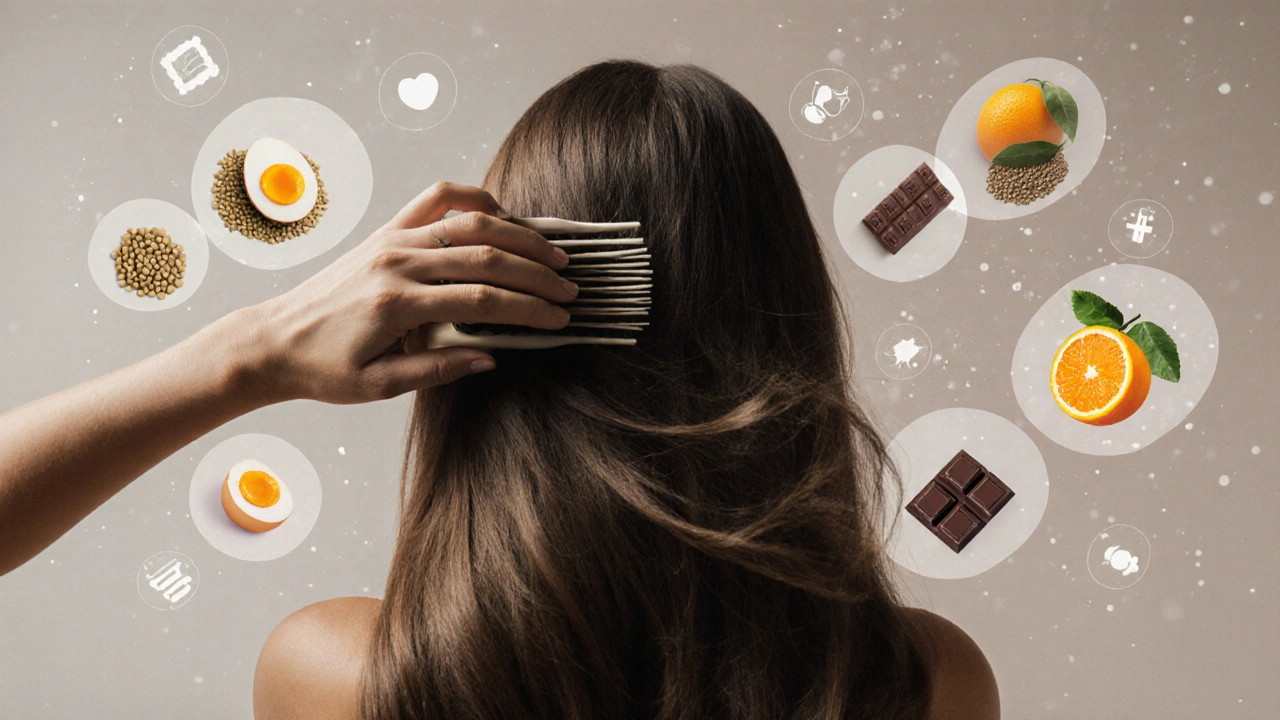 Ruka přidržující husté vlasy, za nimiž se vlasy transformují od tenkých k silným s ukrytými symboly živin.