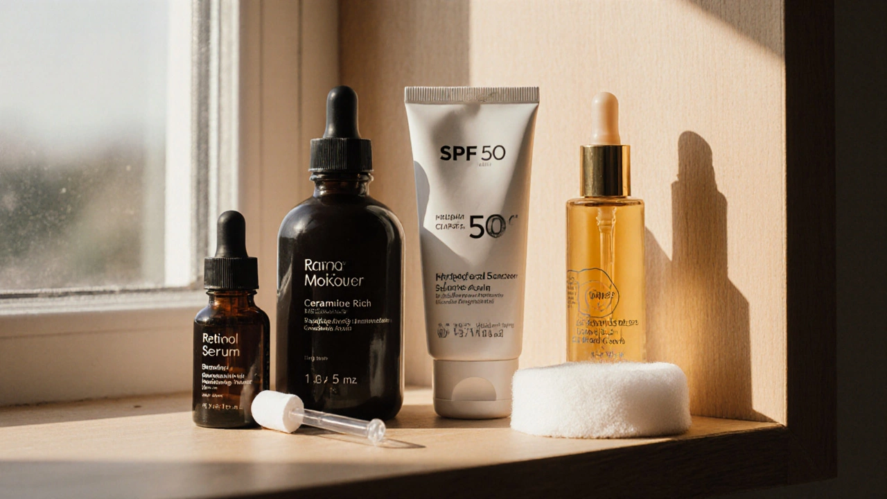 Seřazené skincare produkty: retinol, hydratační krém a SPF na poličce.