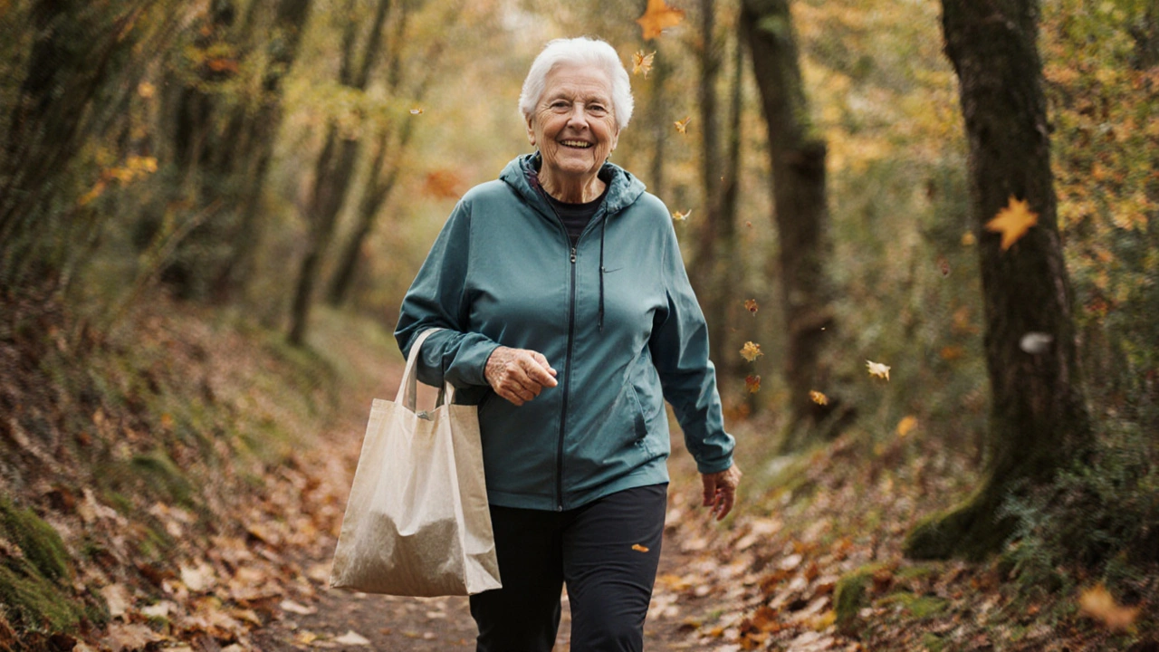 Starší osoba klidně kráčí lesní stezku, symbolizující zlepšenou pohyblivost.