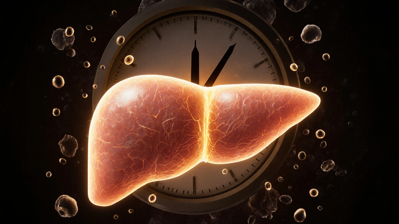 Symbolický obraz jater, která pomalu zpracovávají alkoholové molekuly.