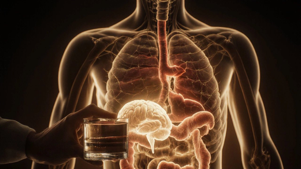 Tělo s poškozenými orgány, ke kterým se přibližuje sklenice vody.