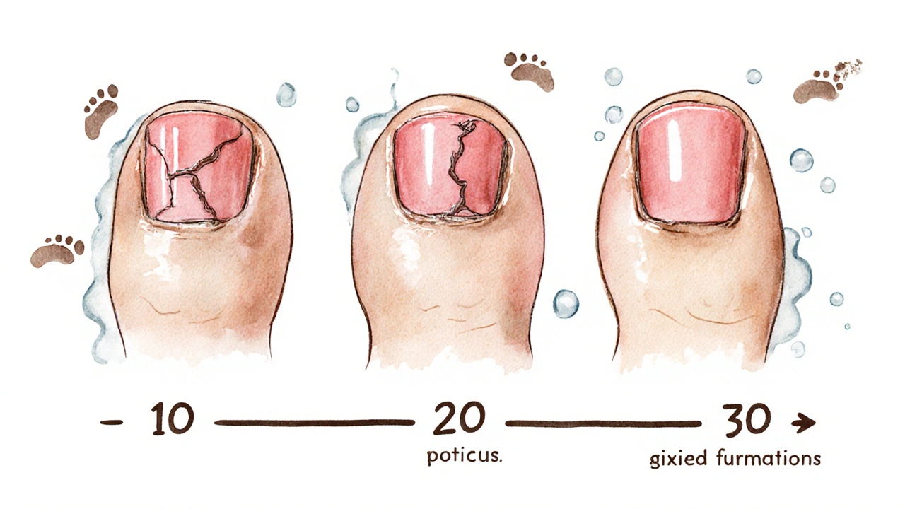 Tři obrázky jednoho nehtu v různých fázích: čerstvý, po 10 dnech a po 30 dnech s postupným odlupováním laku.