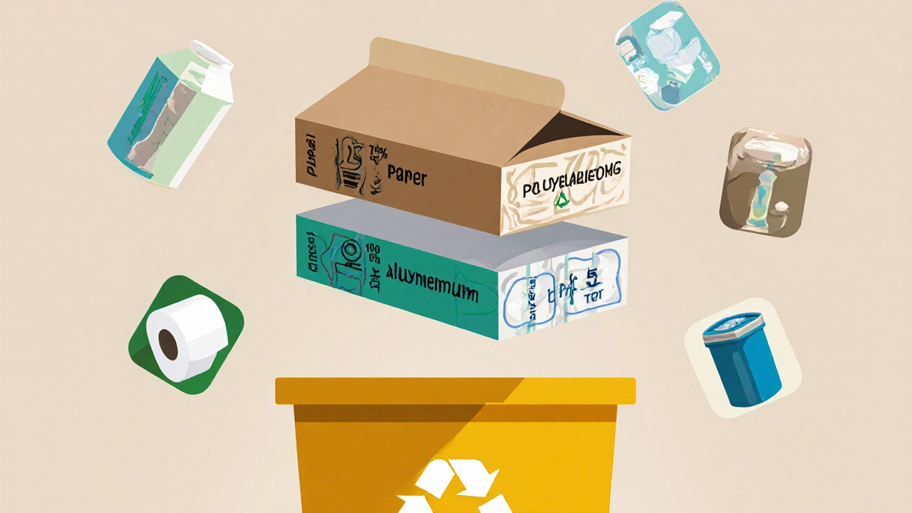 Třívrstvá struktura nápojového kartonu s papírem, plastem a hliníkem vedle recyklačního kontejneru.