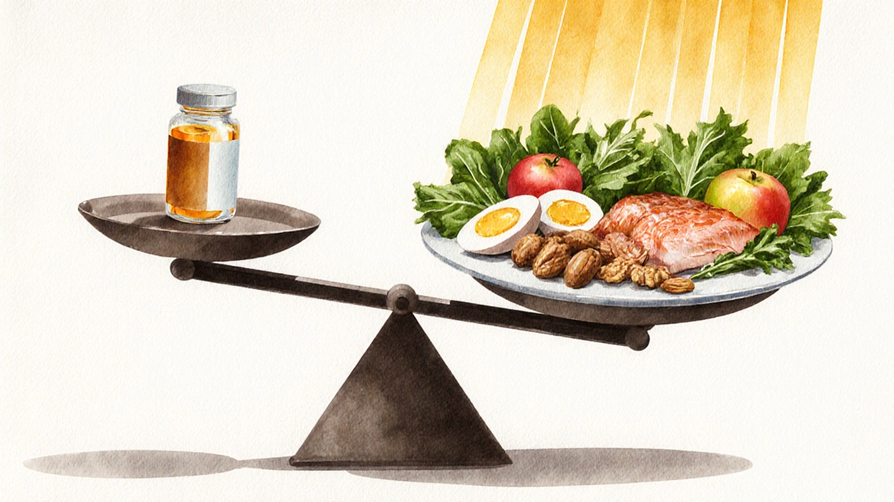 Váha s jednou tabletkou a množstvím zdravých potravin, těžší strana je s jídlem.