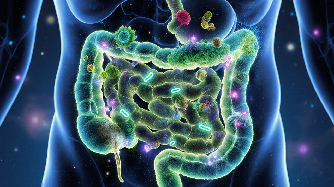 Vnitřní střevo jako živý ekosystém s probiotickými bakteriemi a prebiotickými vlákny.