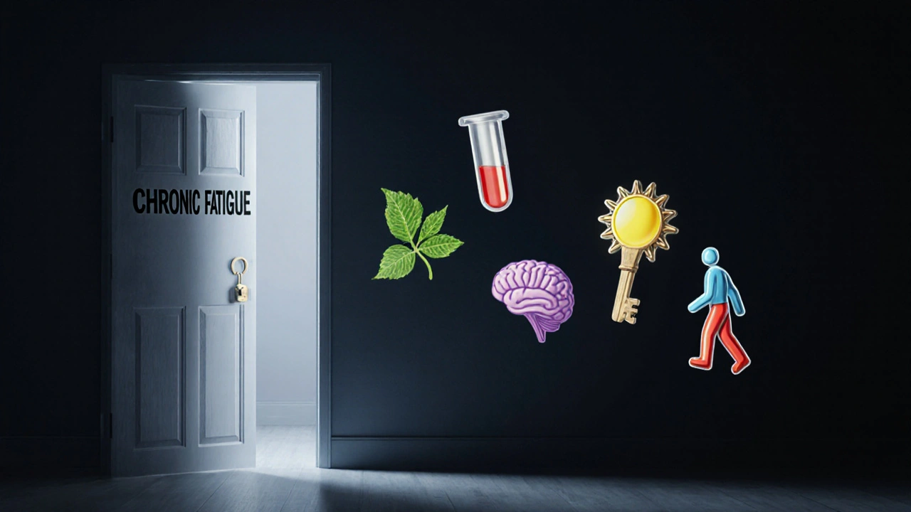 Zamčená dveře únavy s pěti klíči symbolizujícími její příčiny.