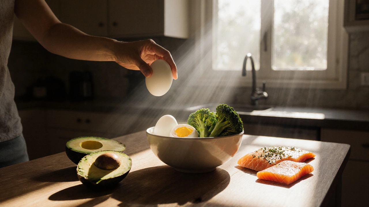 Zdravá jídla bohatá na vitamíny pro vlasy na dřevěné tabuli