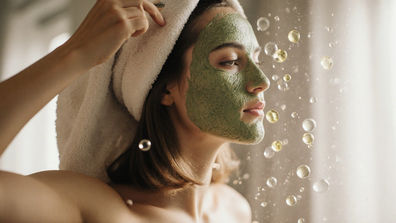 Žena aplikuje regenerační masku na vlasy, obalená teplým ručníkem.